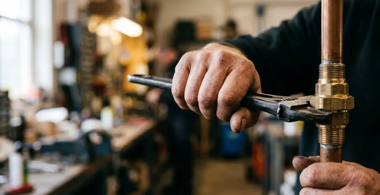 Main de plombier professionnel utilisant une clé pour serrer un raccord en laiton avec précision et contrôle du couple