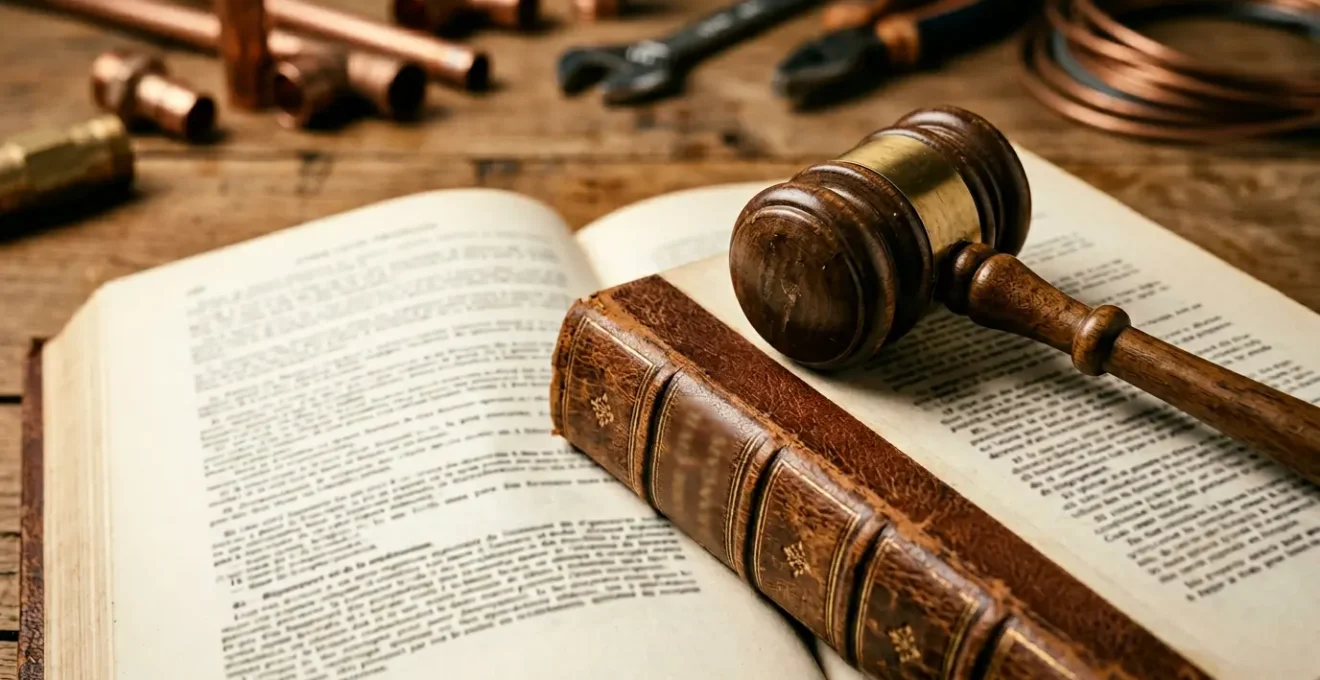 Gros plan artistique sur un marteau de juge et des textes de loi relatifs au Code civil, évoquant la jurisprudence et les obligations légales des artisans plombiers en France