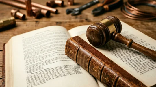 Gros plan artistique sur un marteau de juge et des textes de loi relatifs au Code civil, évoquant la jurisprudence et les obligations légales des artisans plombiers en France
