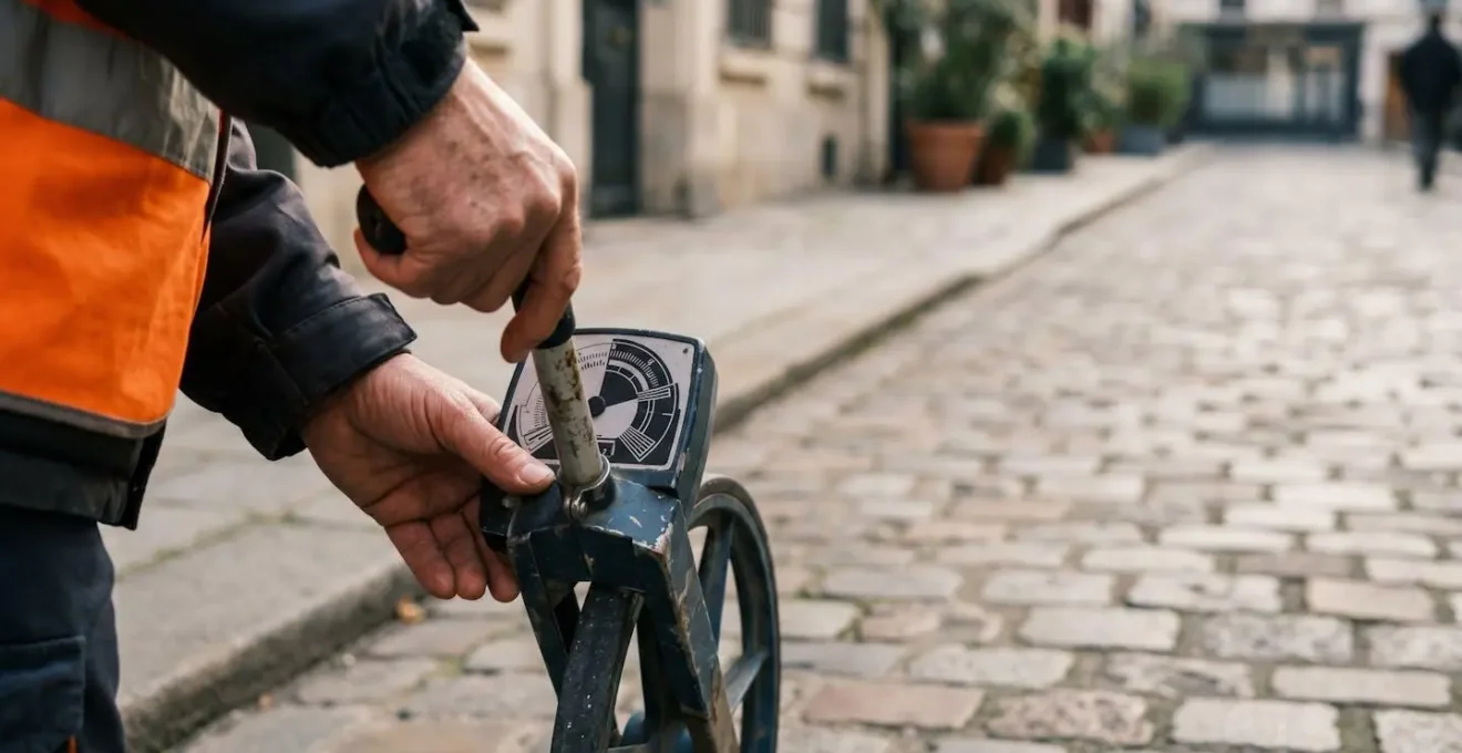 Technicien effectuant une mesure précise de distance sur trottoir avec roue odométrique professionnelle