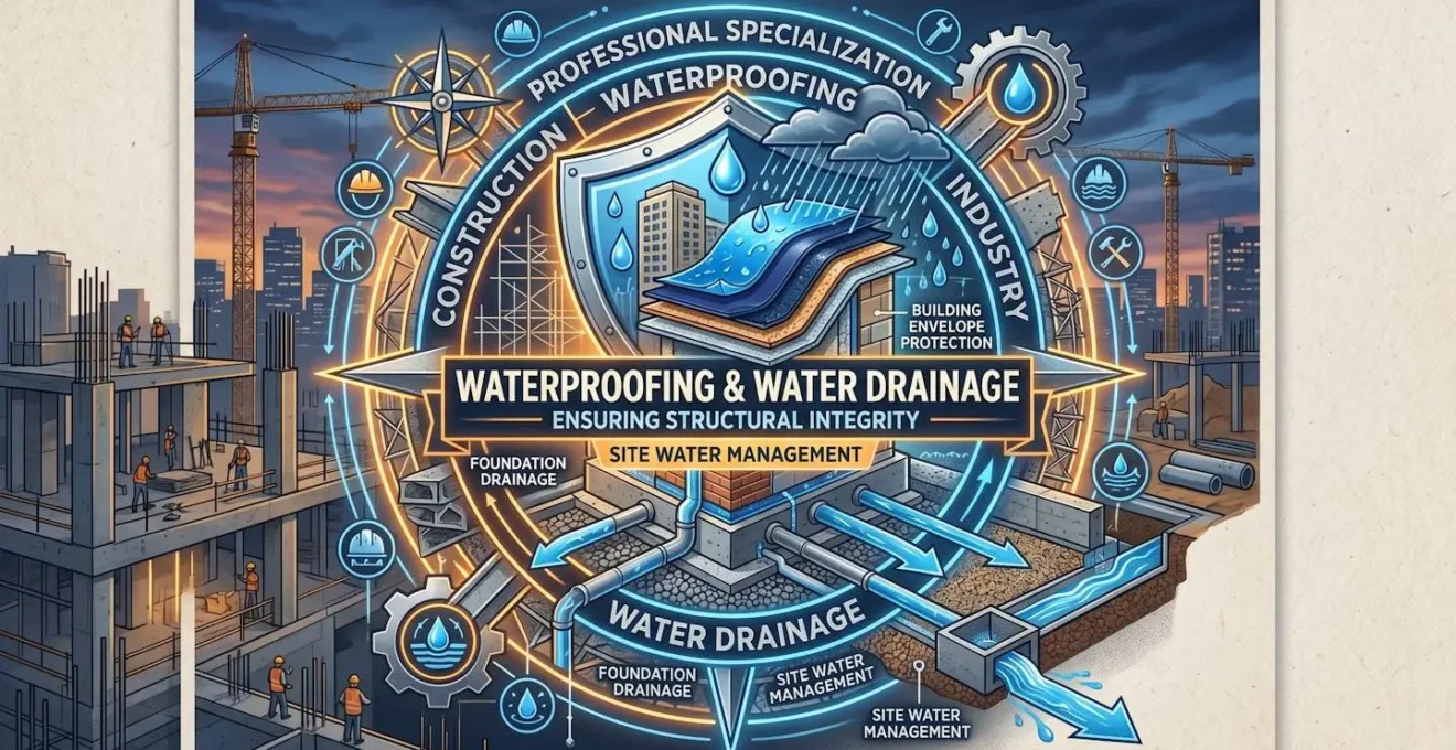 Représentation symbolique de la spécialisation professionnelle dans le bâtiment avec focus sur l'étanchéité et les évacuations d'eau