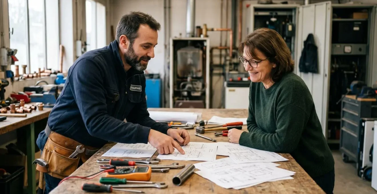 Artisan chauffagiste et propriétaire discutant autour d'un devis de chaudière dans un atelier