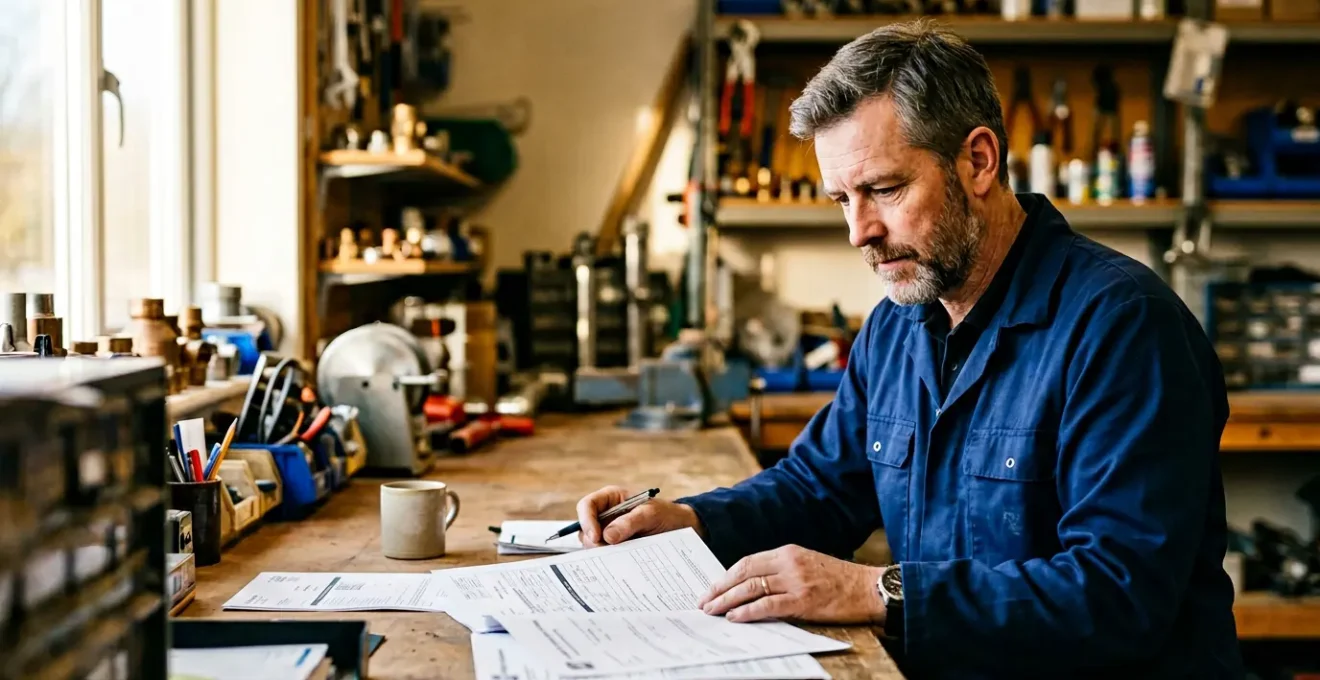 Professionnel de la plomberie consultant des documents réglementaires dans un environnement technique