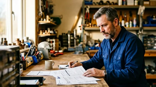 Professionnel de la plomberie consultant des documents réglementaires dans un environnement technique