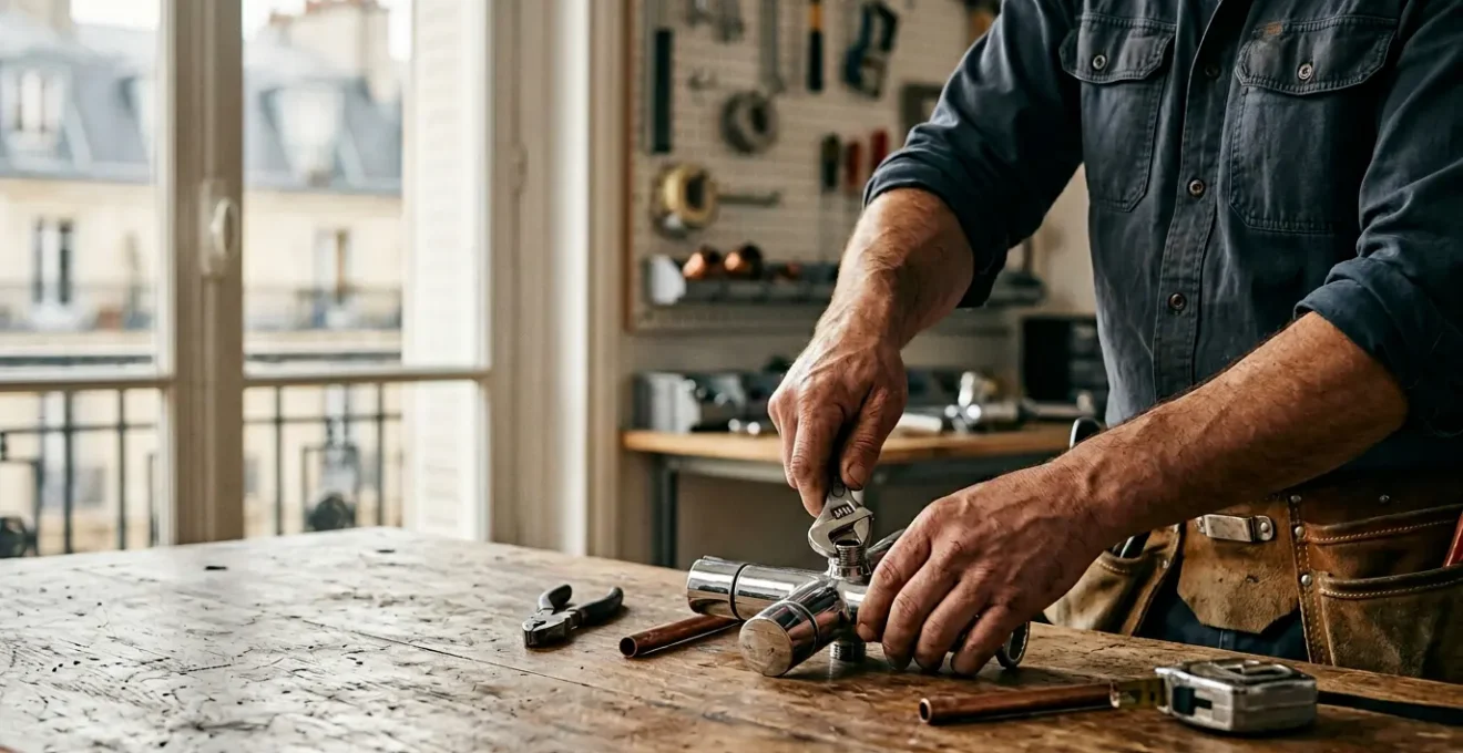 Artisan plombier professionnel avec équipement de qualité dans un environnement de travail ordonné