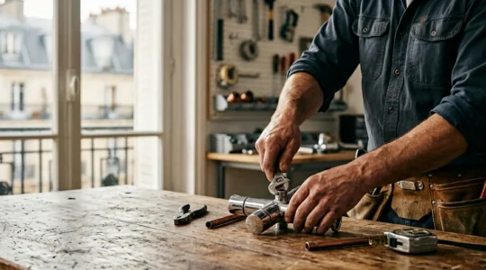 Artisan plombier professionnel avec équipement de qualité dans un environnement de travail ordonné
