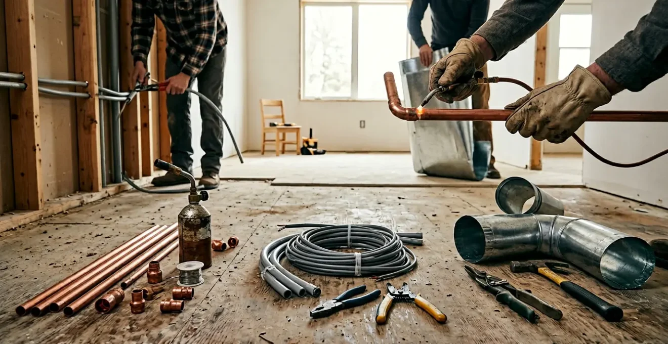Coordination entre différents artisans du bâtiment lors d'un chantier de rénovation, illustrant la complémentarité des métiers spécialisés