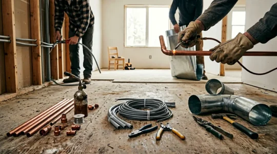 Coordination entre différents artisans du bâtiment lors d'un chantier de rénovation, illustrant la complémentarité des métiers spécialisés