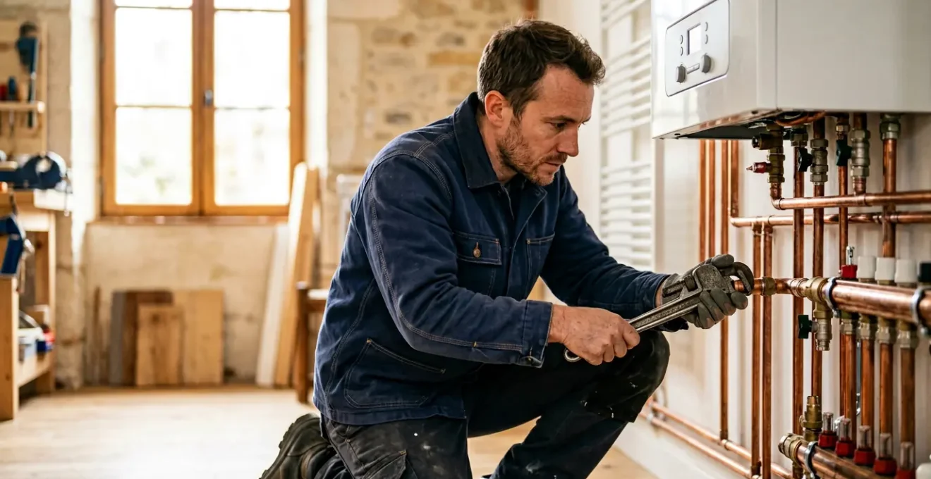 Technicien plombier chauffagiste professionnel au travail sur une installation moderne
