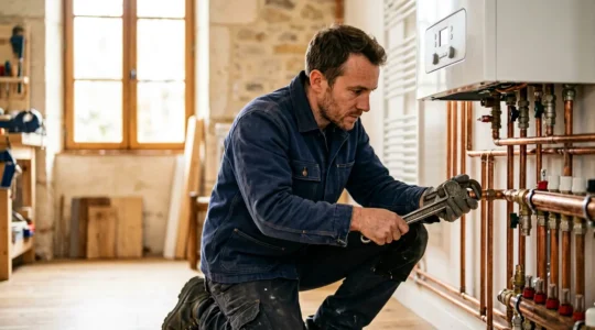 Technicien plombier chauffagiste professionnel au travail sur une installation moderne
