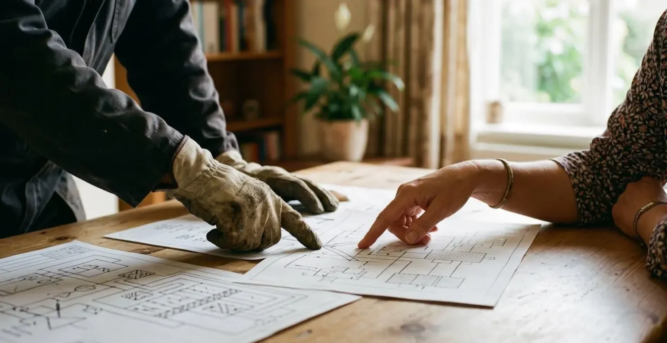 Échange professionnel entre plombier et client autour d'un plan technique avec plusieurs options de réparation