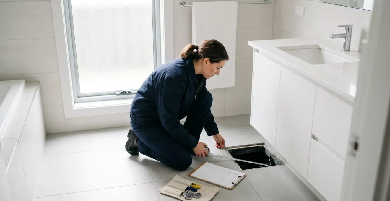 Plombier professionnel réalisant un diagnostic approfondi dans une salle de bain avec outils de mesure