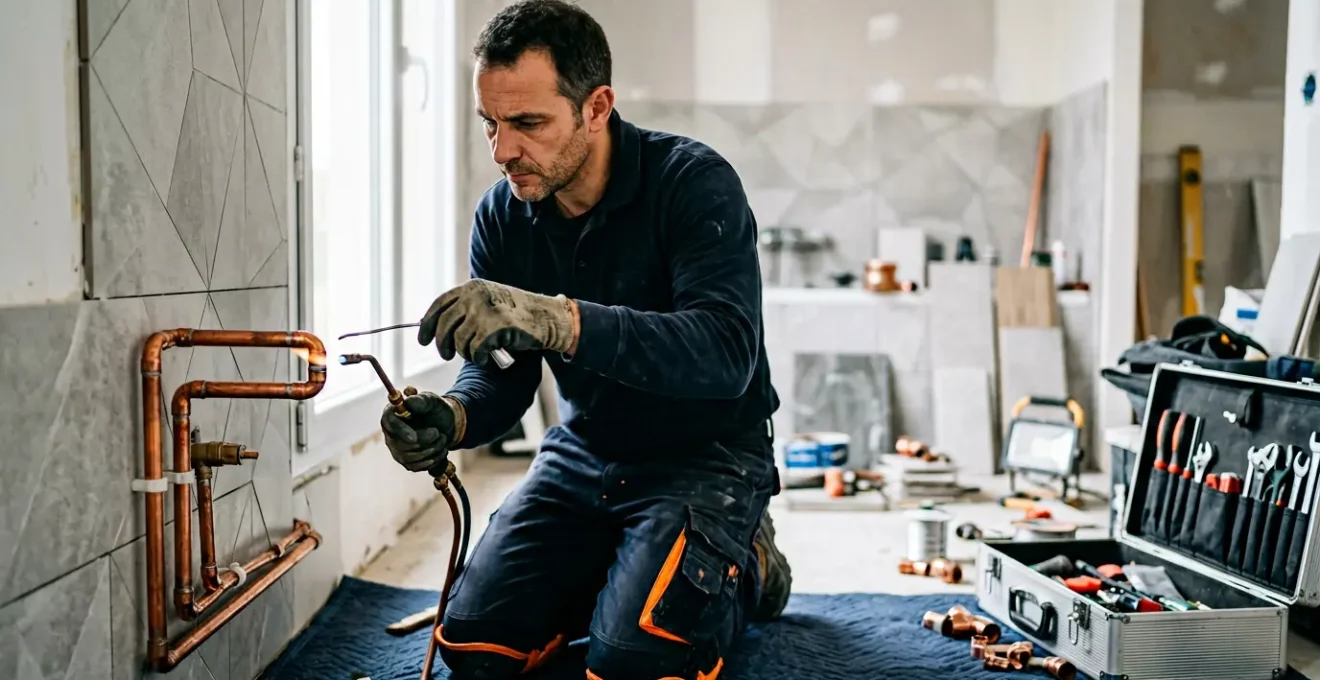 Plombier professionnel en action sur un chantier résidentiel moderne