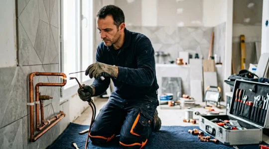Plombier professionnel en action sur un chantier résidentiel moderne