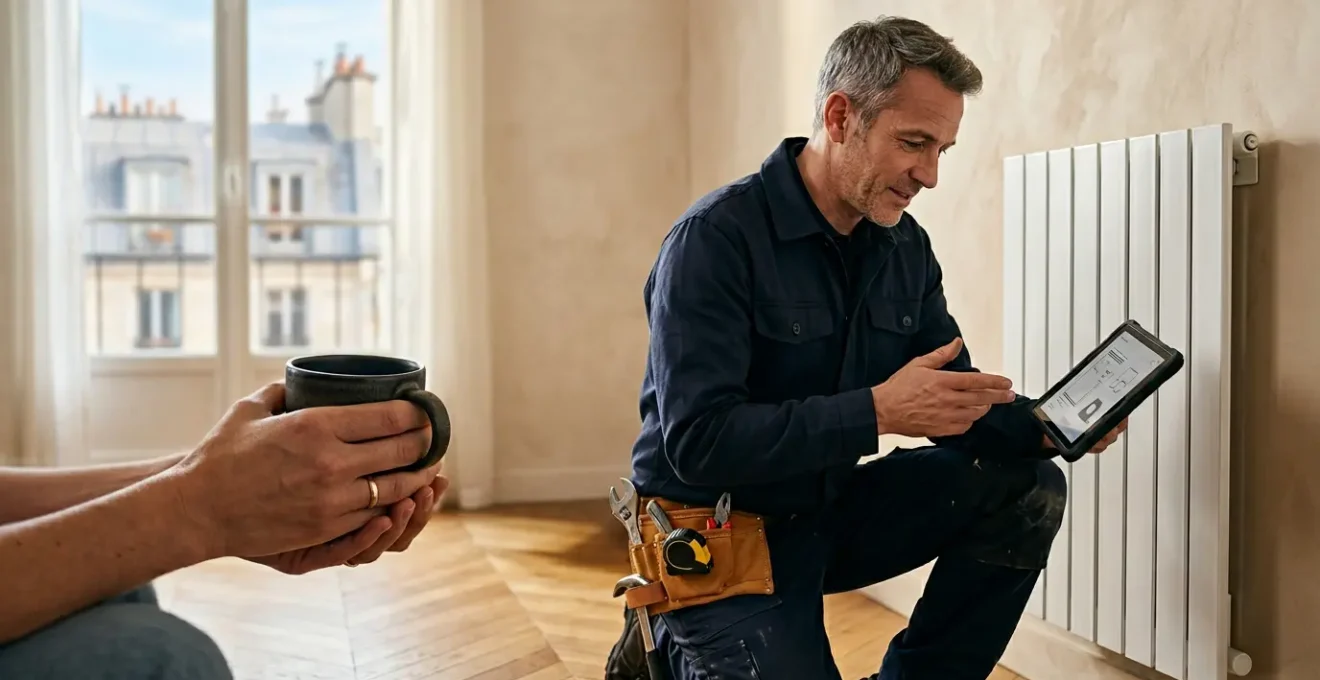 Professionnel plombier en visite planifiée dans un intérieur résidentiel français moderne