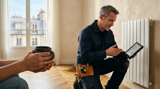 Professionnel plombier en visite planifiée dans un intérieur résidentiel français moderne