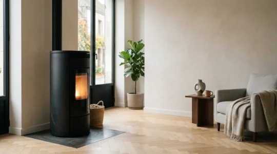 Poêle à granulés moderne installé dans un salon français contemporain avec détails chaleureux