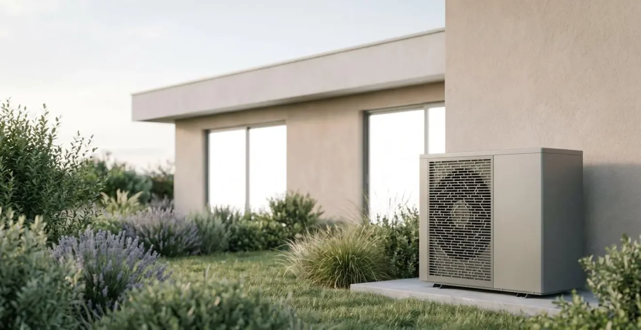 Unité extérieure de pompe à chaleur installée dans un jardin de maison française contemporaine