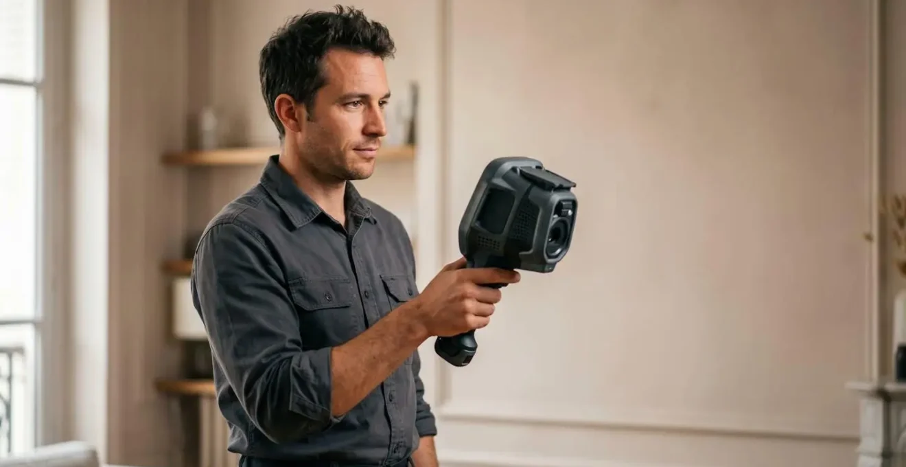 Professionnel français utilisant une caméra thermique pour localiser une fuite cachée dans un mur