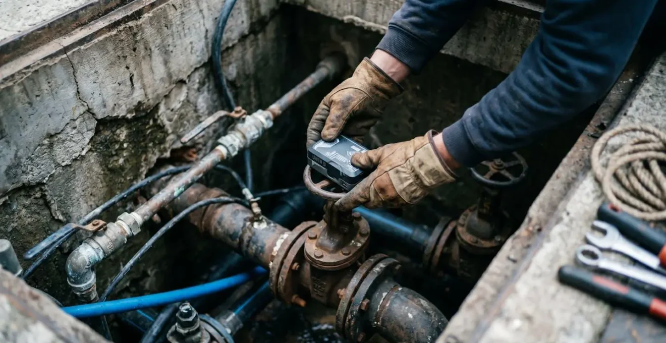 Technicien français installant un logger acoustique sur une vanne de réseau d'eau dans un regard de voirie