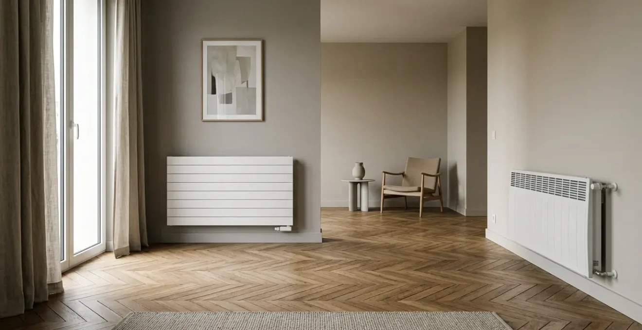 Comparaison visuelle entre radiateur à inertie moderne et ancien convecteur dans un intérieur français contemporain