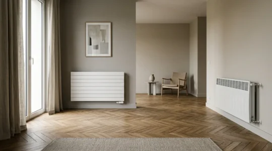 Comparaison visuelle entre radiateur à inertie moderne et ancien convecteur dans un intérieur français contemporain