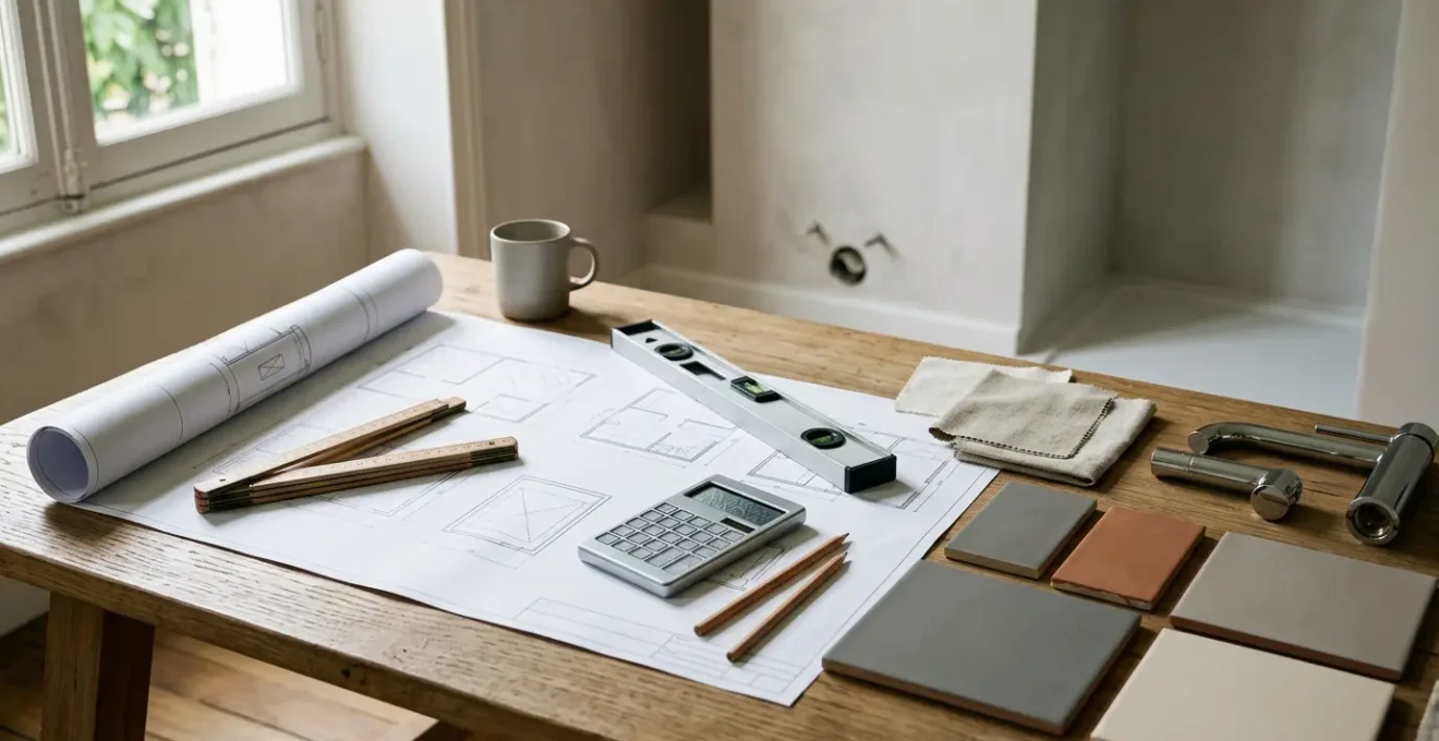 Outils de rénovation et plan technique sur table de travail avec éléments de salle de bains en arrière-plan