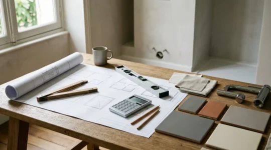 Outils de rénovation et plan technique sur table de travail avec éléments de salle de bains en arrière-plan