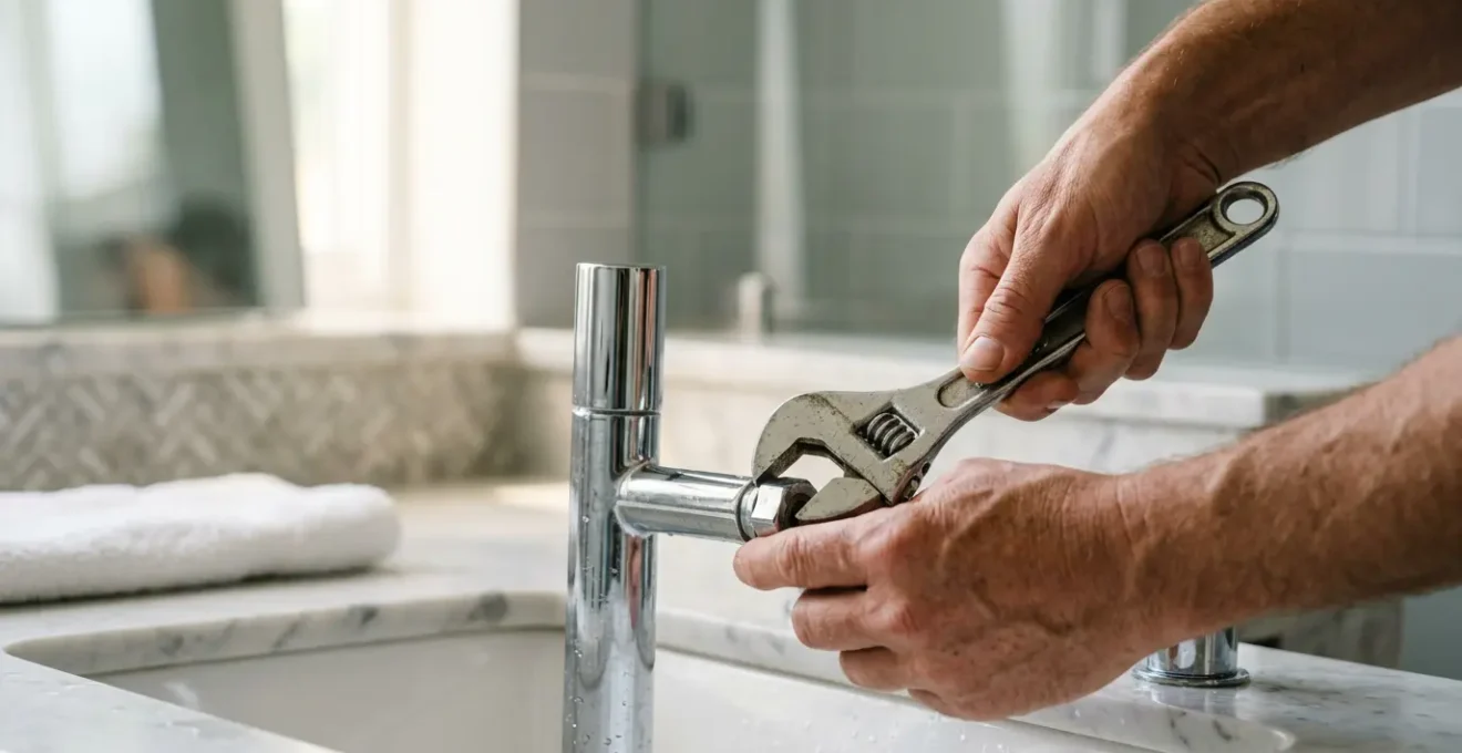 Plan rapproché de mains expertes ajustant un robinet de plomberie avec des outils professionnels dans un environnement domestique lumineux