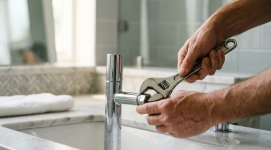 Plan rapproché de mains expertes ajustant un robinet de plomberie avec des outils professionnels dans un environnement domestique lumineux