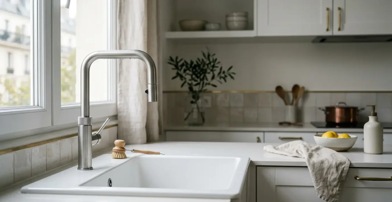 Robinetterie moderne economique installee dans une cuisine francaise contemporaine