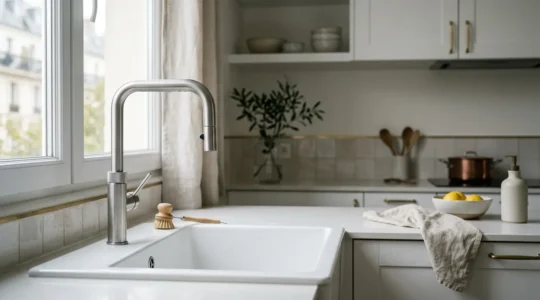 Robinetterie moderne economique installee dans une cuisine francaise contemporaine