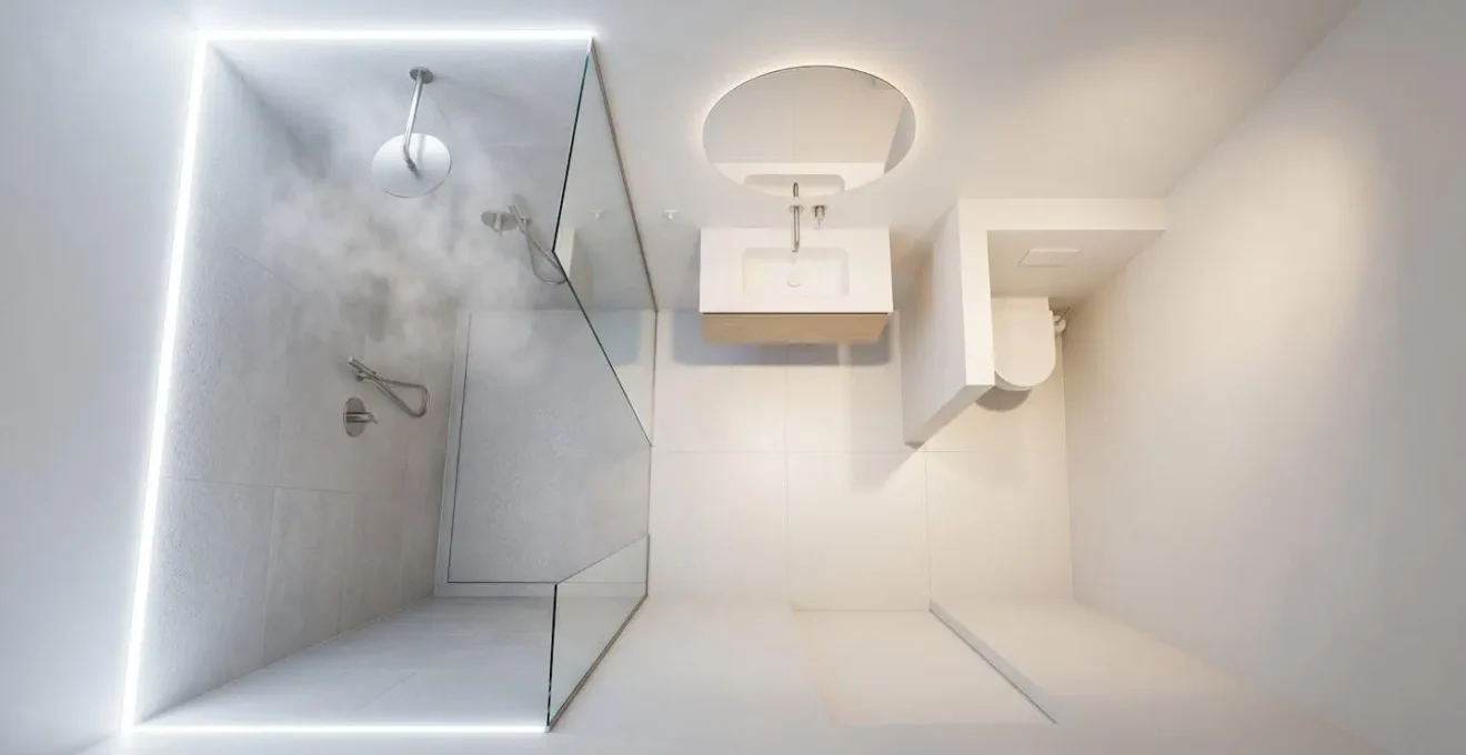 Vue en plongée d'un espace salle de bains minimaliste avec zones de protection délimitées visuellement par la lumière et l'architecture