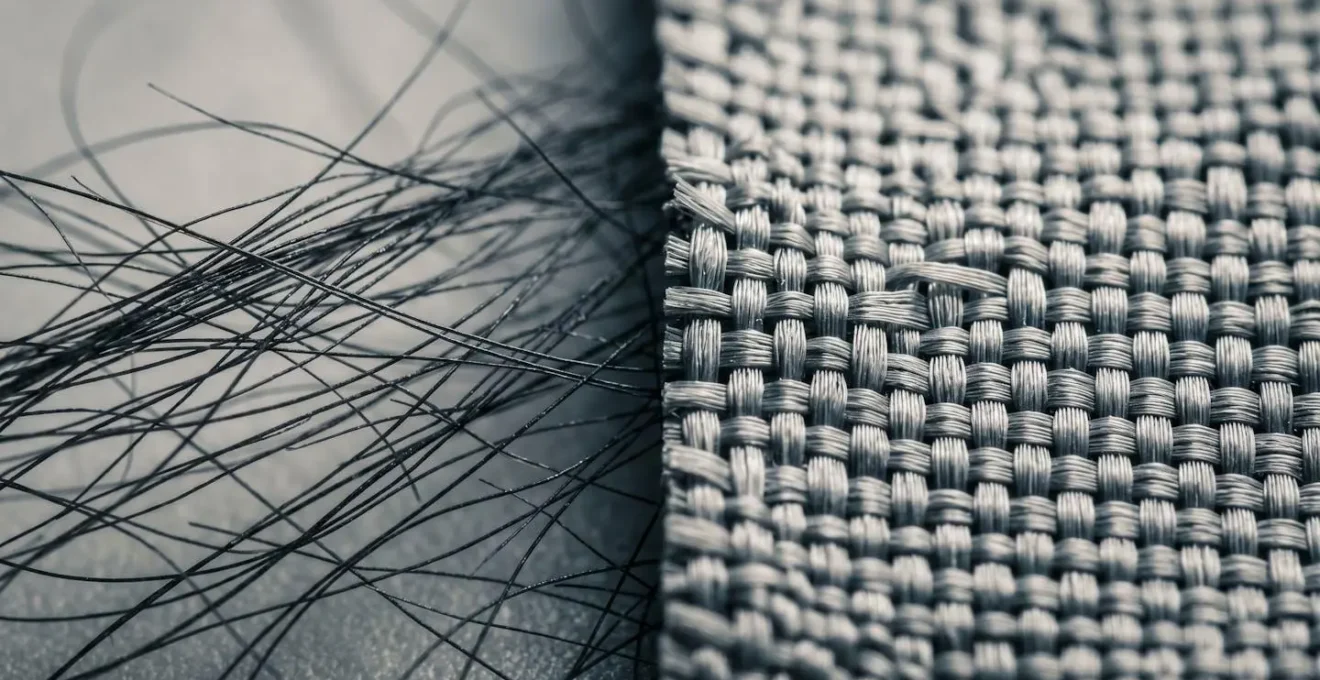 Gros plan macro sur la structure fibreuse de matières organiques comparées à des fibres synthétiques tissées