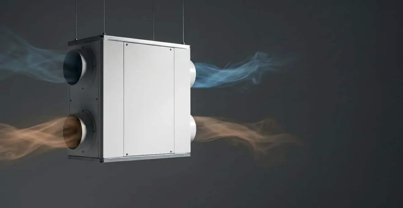 Système de ventilation mécanique contrôlée double flux avec échangeur de chaleur dans une maison moderne