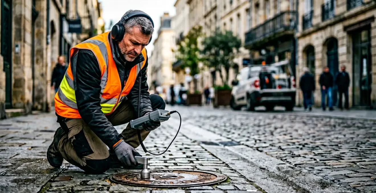 Technicien utilisant un détecteur électroacoustique professionnel pour localiser une fuite d'eau sur un réseau enterré