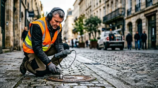 Technicien utilisant un détecteur électroacoustique professionnel pour localiser une fuite d'eau sur un réseau enterré