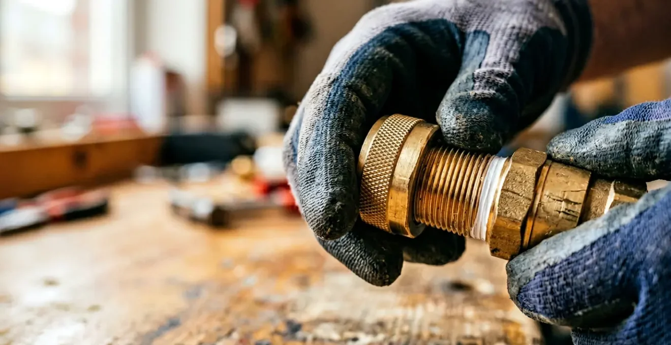 Gros plan sur des mains de plombier professionnel assemblant des raccords métalliques pour une installation d'étanchéité fiable
