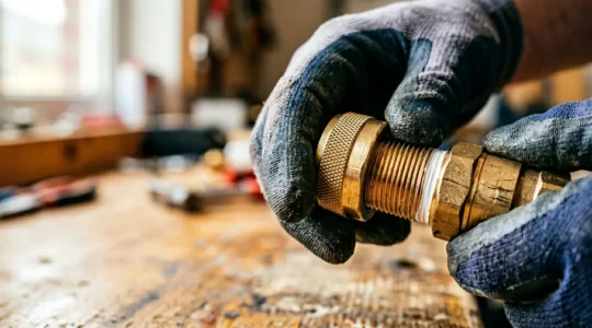 Gros plan sur des mains de plombier professionnel assemblant des raccords métalliques pour une installation d'étanchéité fiable