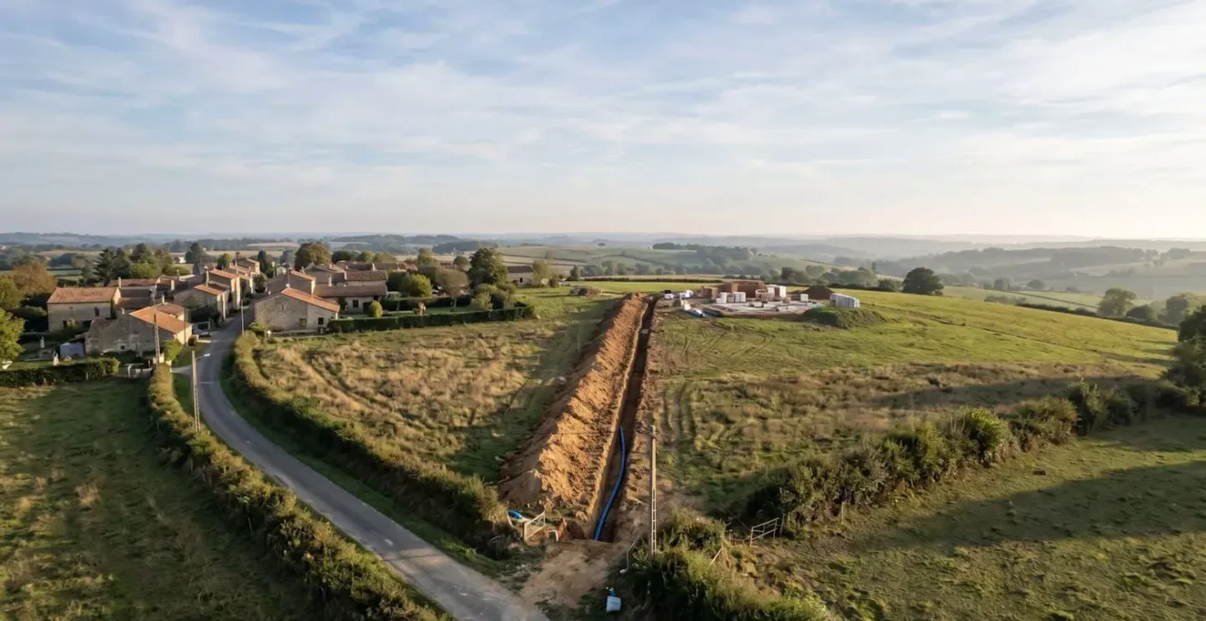 Vue aérienne d'un terrain en périphérie avec tranchée de canalisation pour extension du réseau d'eau