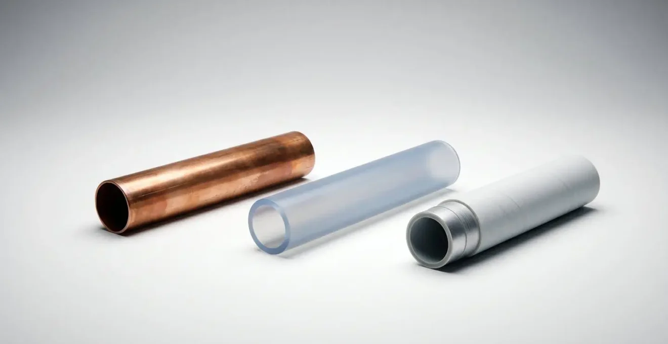 Comparaison visuelle en gros plan des trois types de tubes de plomberie : cuivre brillant, PER translucide et multicouche composite