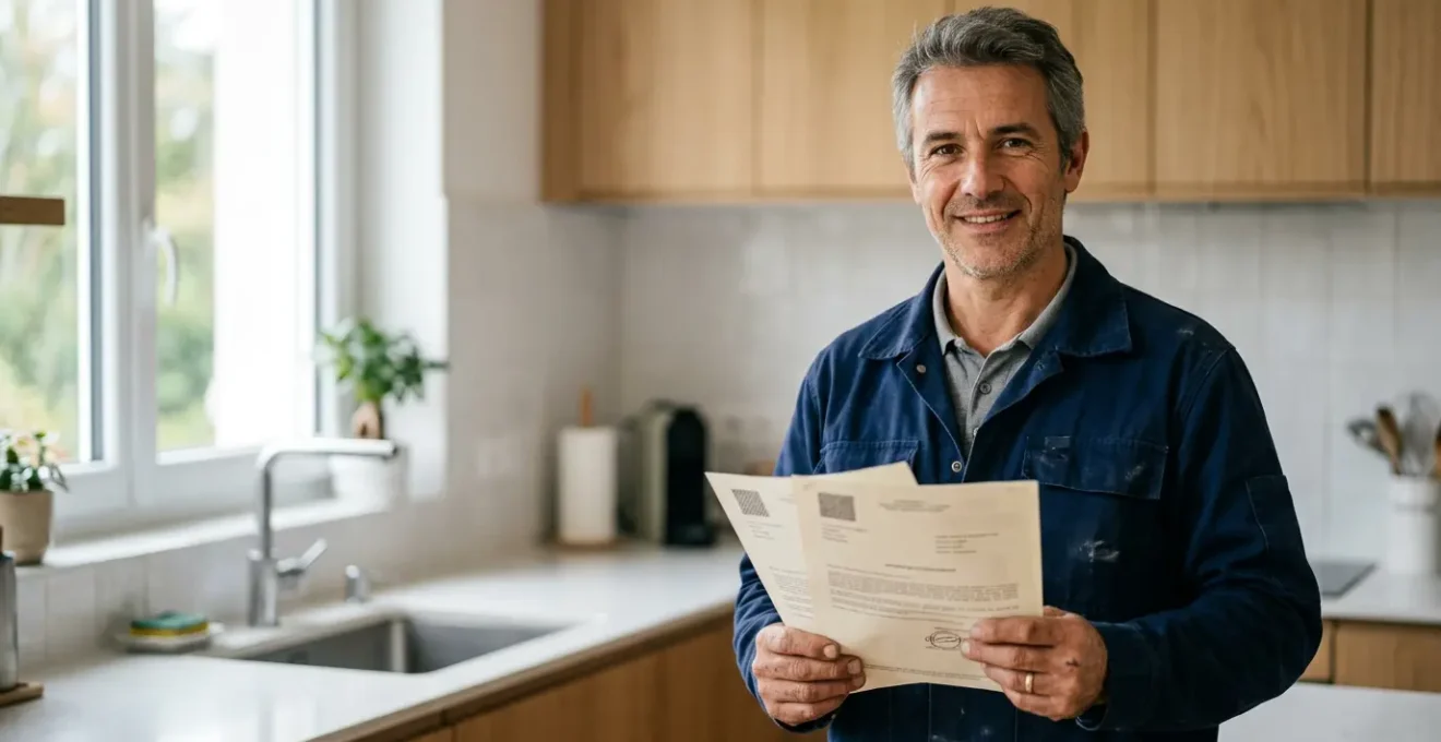 Artisan plombier professionnel présentant son attestation d'assurance décennale avec badge RGE en France