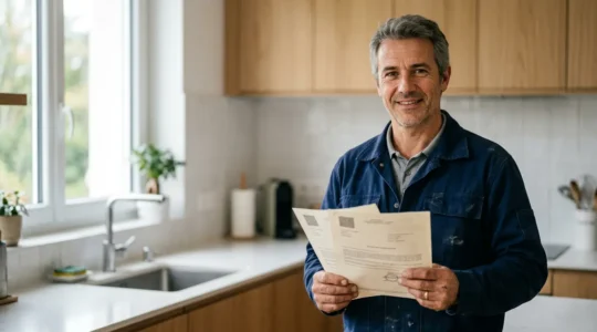 Artisan plombier professionnel présentant son attestation d'assurance décennale avec badge RGE en France