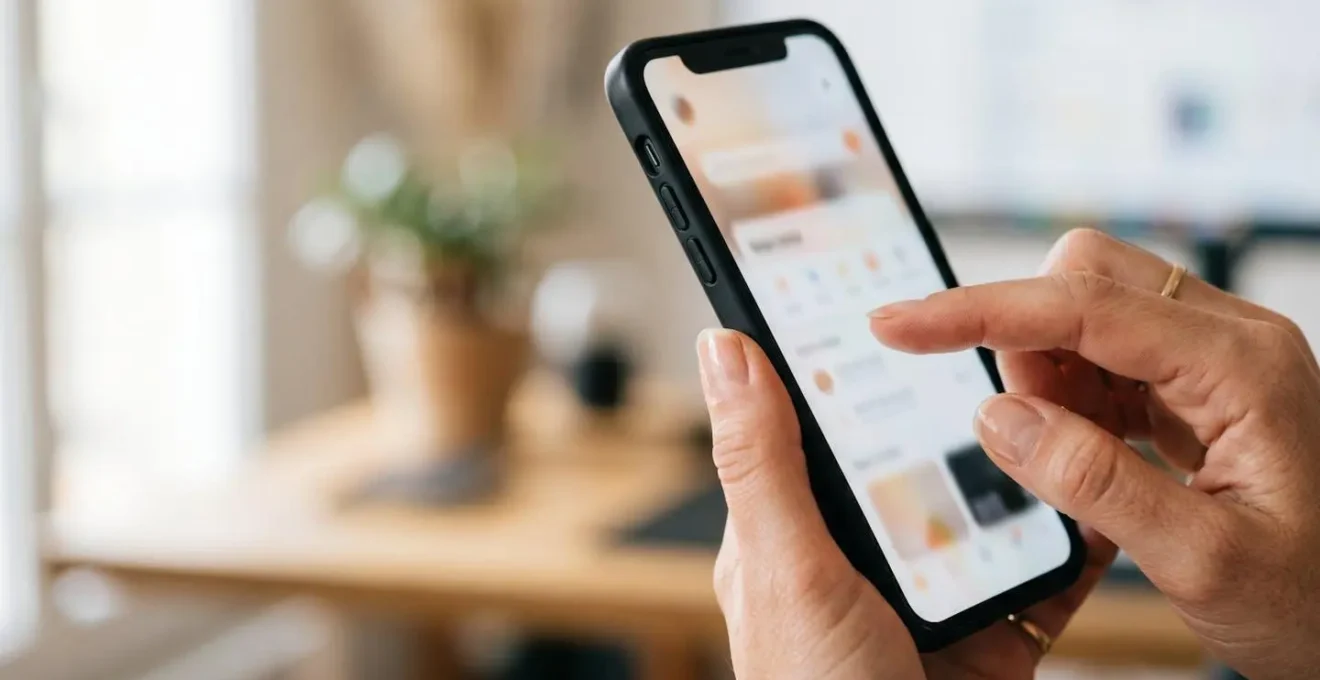 Gros plan sur une main tenant un smartphone affichant l'interface de vérification d'une certification professionnelle
