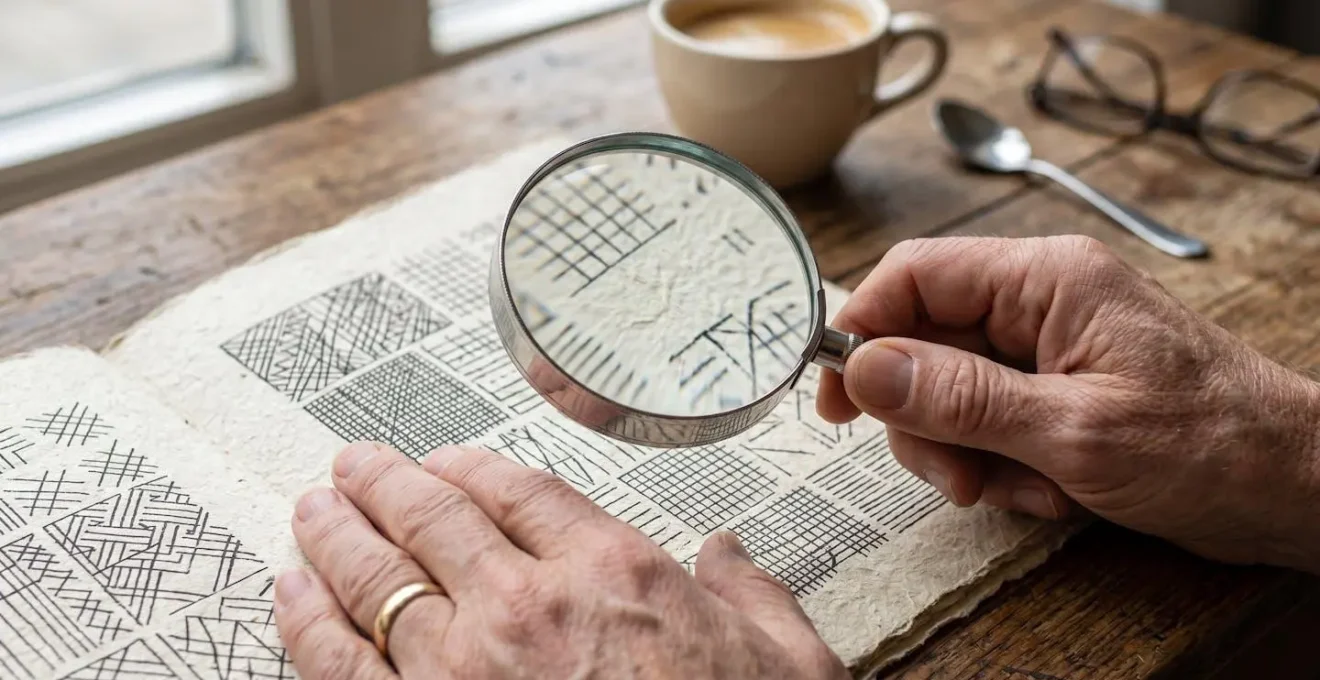 Gros plan sur les mains d'une personne examinant attentivement les détails d'un document professionnel avec une loupe